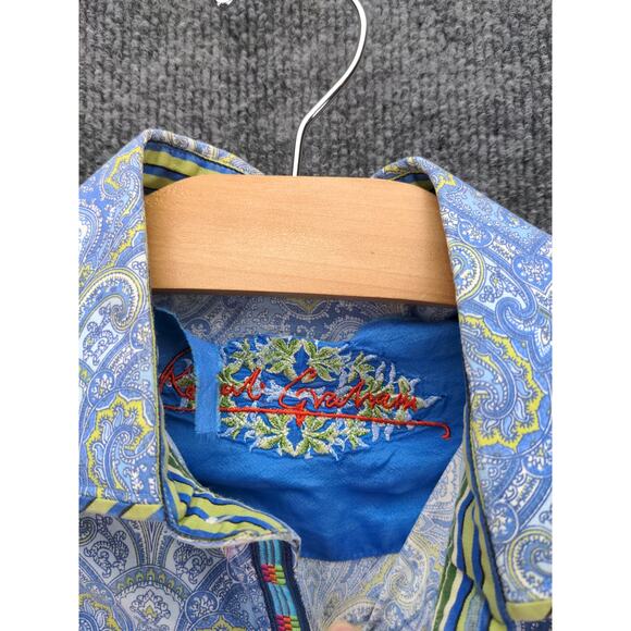 Robert Graham Mens Button Up Dress Shirt Size M Blue Paisley Print Silk Trim - Picture 13 of 13